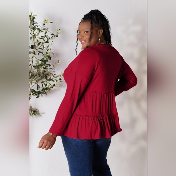 Double Take Half Button Long Sleeve Ruffle Hem Blouse Plus Size Available - Picture 6 of 6